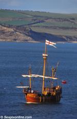 ID 2055 MATTHEW - a replica of Giovanni Caboto's (John Cabot) ship approaching Weymouth, England. Cabot and his crew are credited as, in May 1497, being the first Europeans to set foot in what is today's...